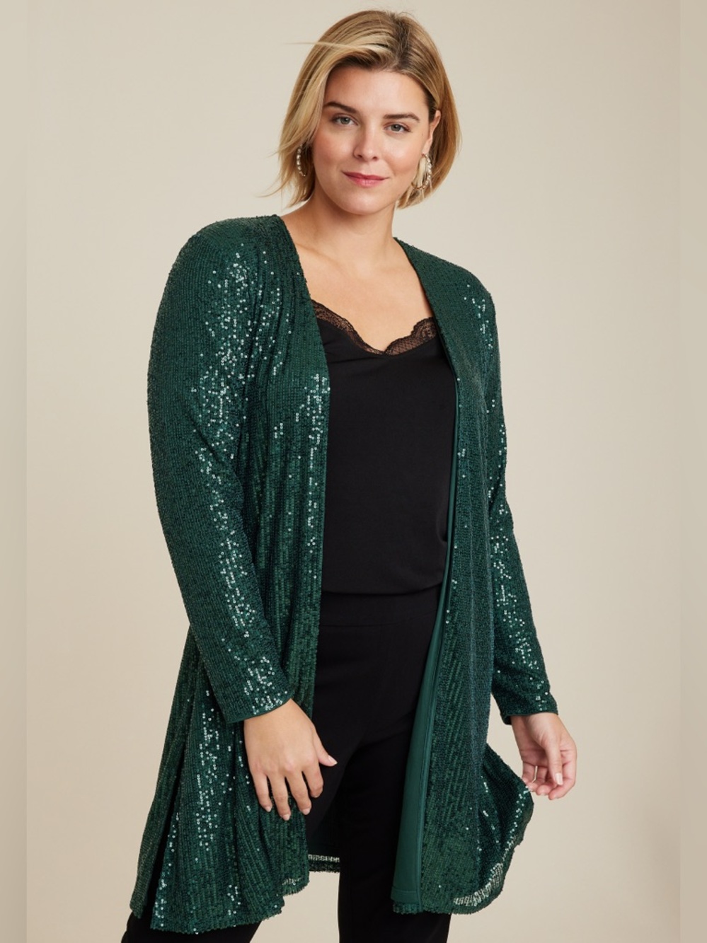 MAURICES Emerald Green Sequin Long Sleeve Open Face Cardigan